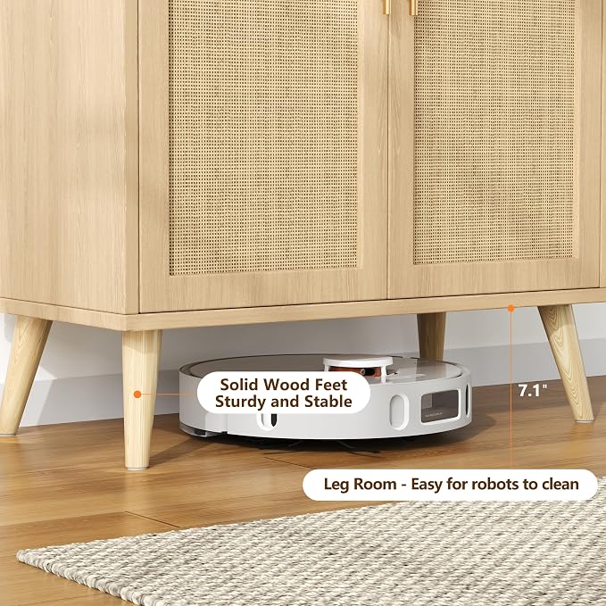 Set of 2 Rattan Buffet Cabinet with Storage, 59 Inch Sideboard with Adjustable Shelf and Solid Wood Legs, Floor Storage Cabinet with 4 Doors, Coffee Bar for Kitchen, Living Room, Hallway, Natural