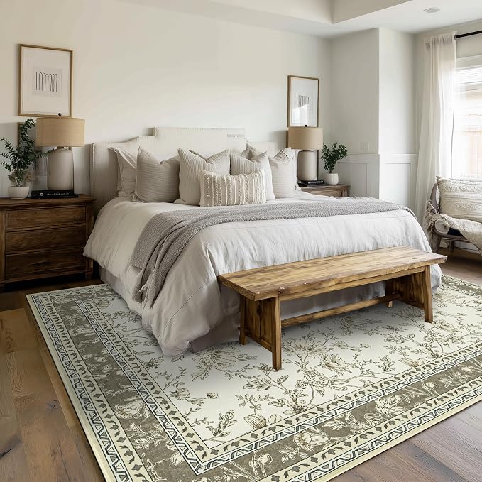 Large Neutral Beige Area Rug 10x12 for Living Room Earth Tone Cream Taupe Tan Pattern Modern Boho for Bedroom Soft Vintage Area Rug Farmhouse Floral Carpet for Dining Room Guest Bedroom Home Decor