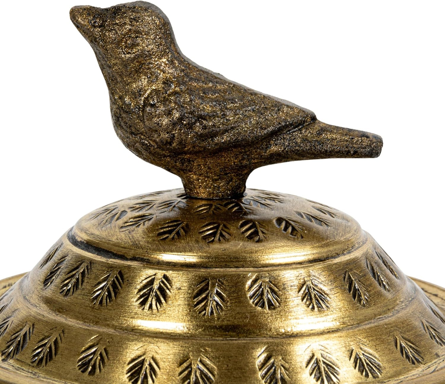 Creative Co-Op Round Hammered Metal Container with Bird Finial, Brass Finish