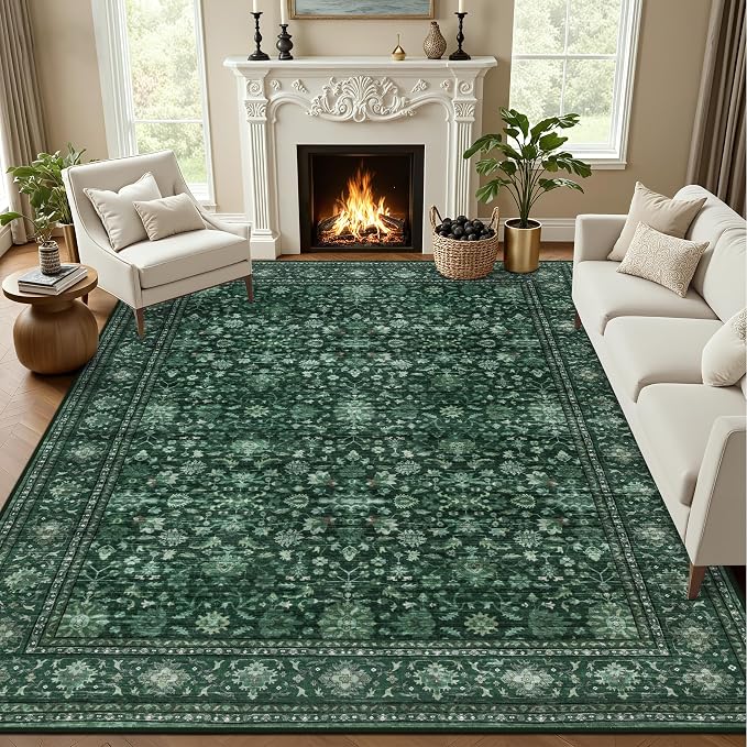 Area Rugs 10x14 Living Room Rug: Washable Rug Soft Vintage Distressed Floral Carpet Indoor Non-Slip Stain Resistant Large Carpets for Bedroom Dining Room Farmhouse Nursery Home Office Deep Green