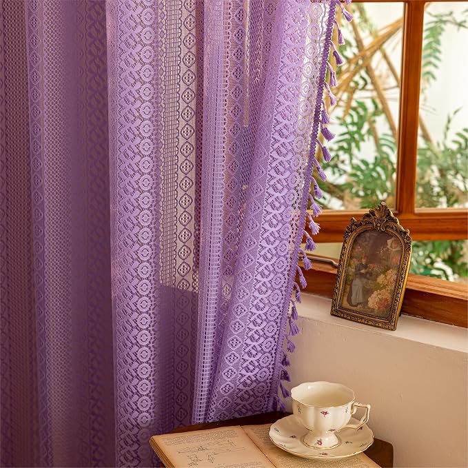Sutuo Home Lavendar Boho Lace Curtains 96 inches 2 Panels Long for Living Room Dining Room, Semi Sheer Curtains Farmhouse Privacy Crochet Vintage Tassels Rustic Bohemian Style Rod Pocket Decor, 50" W