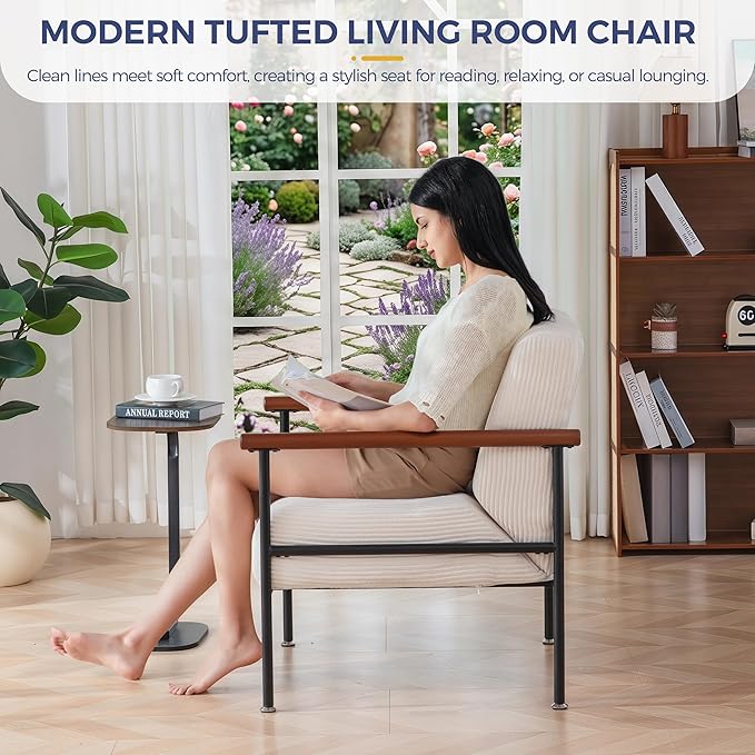MAXYOYO Living Room Accent Chair, Modern Chair with Metal Frame | Upholstered Reading Chair Modern Living Room Chair with Support Cushion for Bedroom Balcony Porch, Beige
