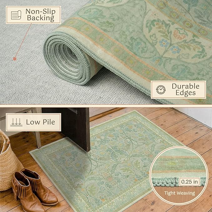 Washable Bathroom Runner Rug 2x5 Non Slip, Sage Green Small Throw Rug for Bedroom Bedside, Entryway, Hallway, Kitchen, Thin Low Pile Cottage Core Pastel Floor Carpet Stain Resistant