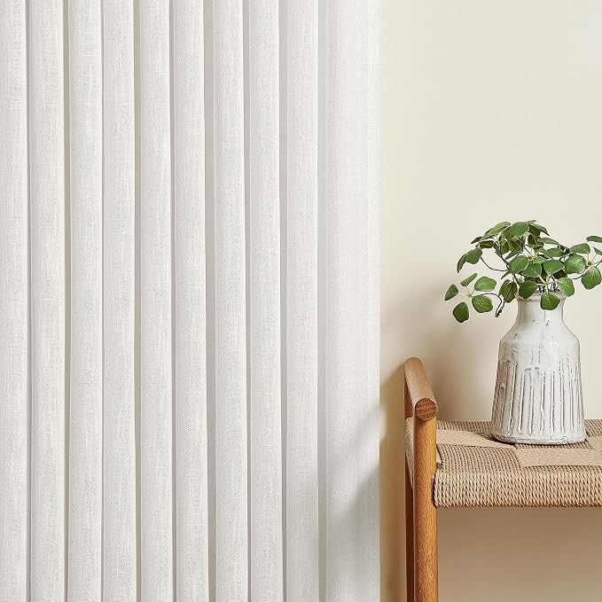 TWODRAPES Beige White Pinch Pleated Linen Curtains 63 Inch Length 2 Panels for Dining Room Kitchen Bedroom Semi Sheer Pleat Drapes with Hooks Rings Light Filtering Short Window Curtain Cabinet 40x63