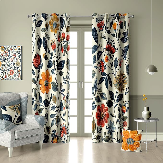 iTapnoom Floral Leaves Blackout Curtain, Red Yellow Boho Flowers Aesthetic Art Window Curtains Darkening Thermal Insulated Grommet Window Drapes for Living Room Bedroom Decor 2 Panels 52x84 Inches