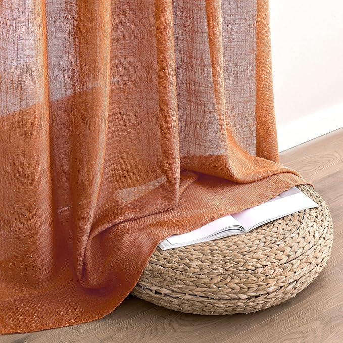 MIULEE Orange Curtains 96 Inch Length 2 Panels for Bedroom Living Room, Soft Thick Linen Textured Window Drapes Semi Sheer Light Filtering Back Tab Rod Pocket Burlap Look Fall Boho Decor
