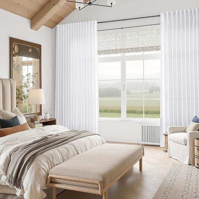 Snow White Linen Curtains 108 Inches Long for Living Room Light Filtering Semi Sheer Curtain Back Tab Luxury Neutral Modern Farmhouse Decor Floor to Ceiling High Window for Bedroom 52x108,2 Panels