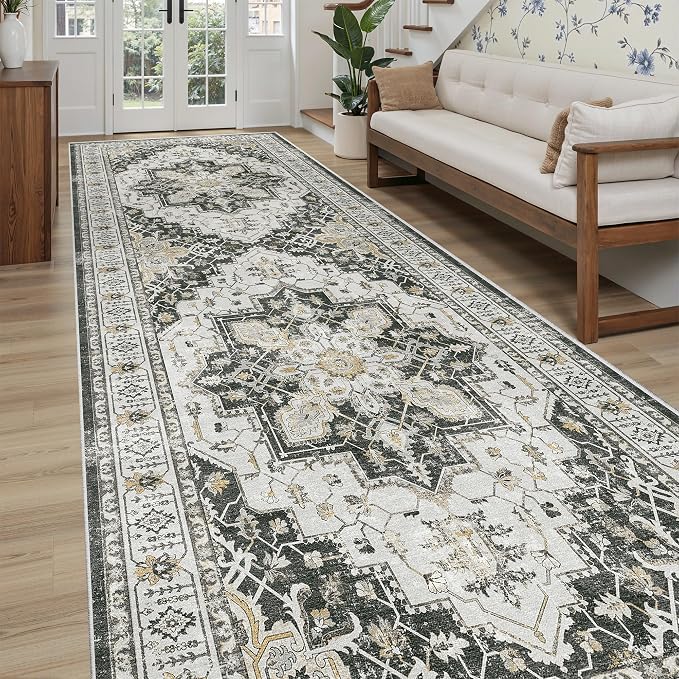 Madane 4x12 Wide Hallway Runner Rug Washable for Living Room, Black | Soft Stain Resistant Ktichen Runners 12ft, Vintage Non Slip Low Pile Area Rugs, Thin Floor Carpet for Bathroom Dining Bedroom