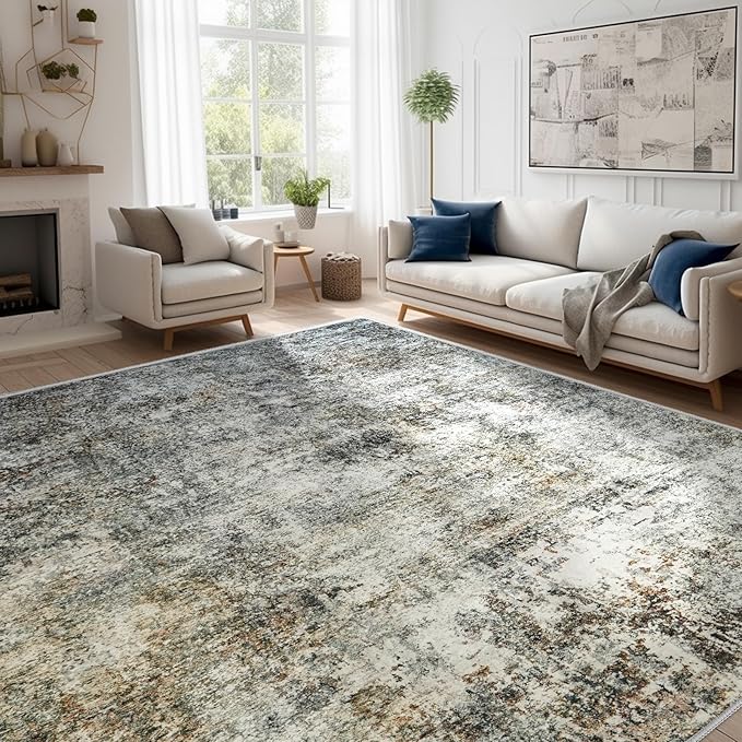 Abstract 10x14 Washable Rug: Modern Non Slip Area Rug Soft Carpet Foldable Distressed Stain Resistant Neutral Rugs for Living Room Bedroom Decor Large Indoor Farmhouse Rug 10'x14' Brown Gray