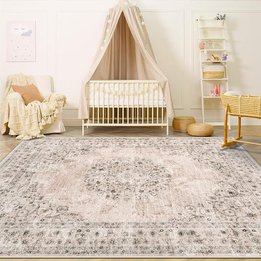 Area Rug 4x6 Vintage Rug: Washable Indoor Medallion Rugs Low Pile Distressed Floor Carpet Retro Accent Rug for Living Room Bedroom Kitchen Dining Table Home Office(Distressed Brown, 4'x6')