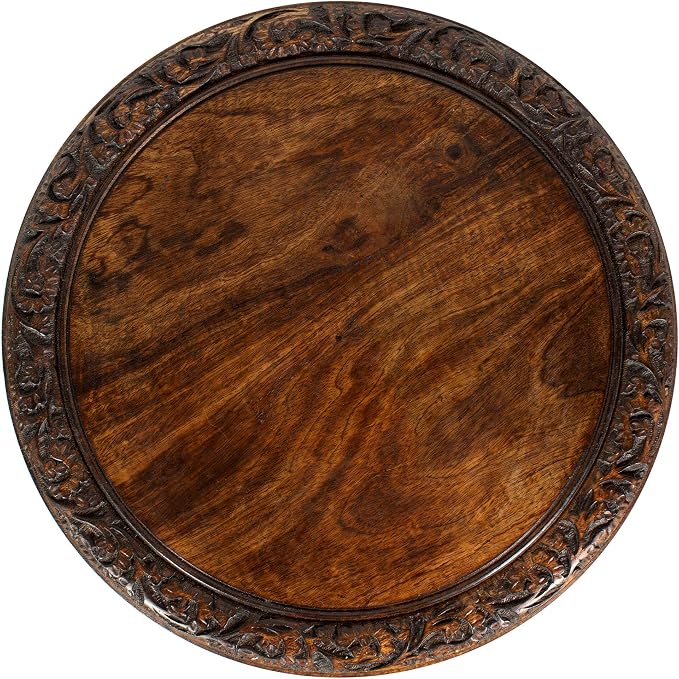 Solid Wood Accent End Table - Hand Carved Vintage Boho Folding Side Table - Small Spaces Entryway Farmhouse Living Room Bedside - No Tools Assembly -18x18 Round - Jaipur Antique Brown -Cotton Craft