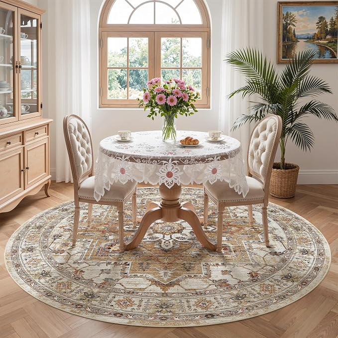 Madane Washable 6ft Circle Round Rug, 6x6 Circular Area Rugs, Turmeric/Grey | Non-Slip Vintage Floor Carpet for Living Room Dining Room, Low Pile Home Decor Mat For Bedroom Office Under Table