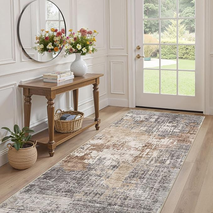 DMOYEST Washable Runner Rug for Hallway: 3x8 Neutral Modern Abstract Low Pile Area Rug with Non-Slip Backing - Carpet for Bedroom Kitchen Laundry Entryway Bathroom Indoor - Grey Brown