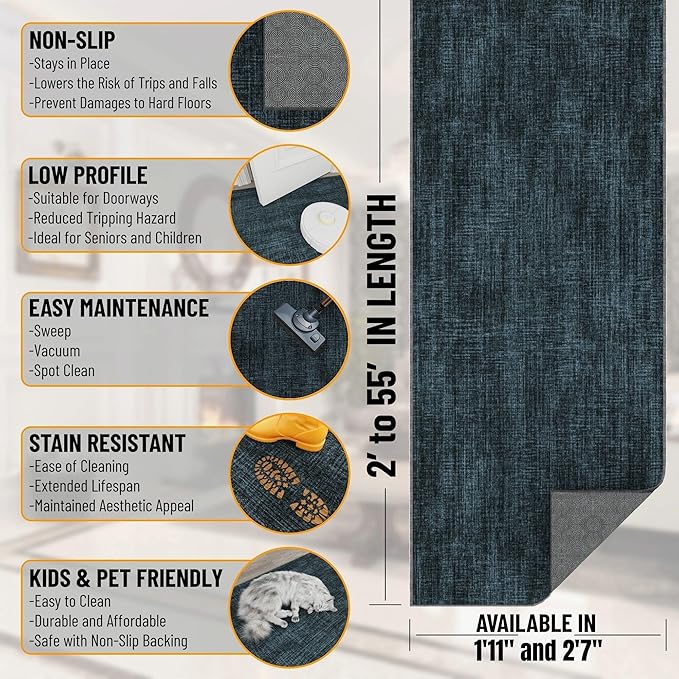 Ottomanson Mud Mat 2'7" x 4' Indoor Door Mat – Machine Washable Soft Non-Slip Rug, Quick Dry Low Pile Carpet for Kitchen, Bathroom & Entryway, Solid Charcoal Navy