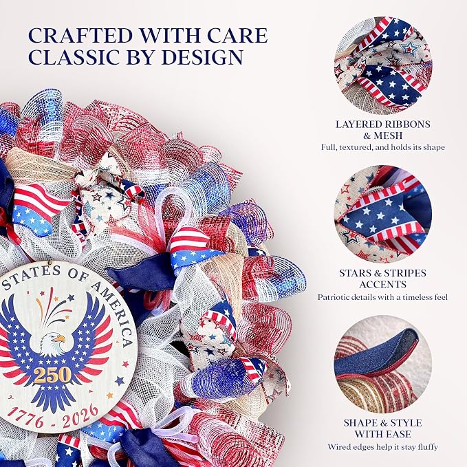 24 Inch Large Patriotic Wreaths for Front Door with Eagle Sign | Front Door Decor with Storage Bag, Veterans Day Decorations, American Wreath for Memorial Day, 4th of July, Independence Day