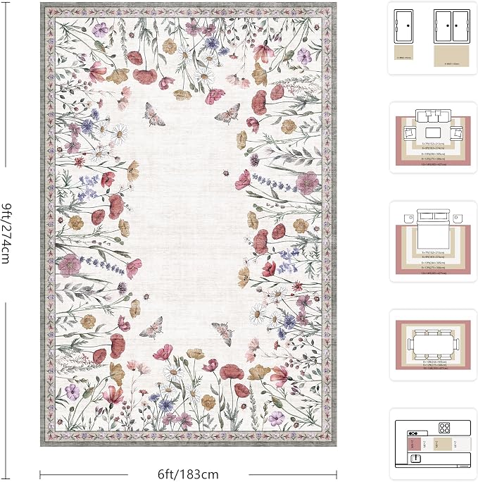 6x9 Area Rugs, Washable Floral Area Rugs for Living Room, Indoor Area Rug for Bedroom, Dining Room, Low Pile Non-Slip Non Shedding Rugs(Classic Beige)