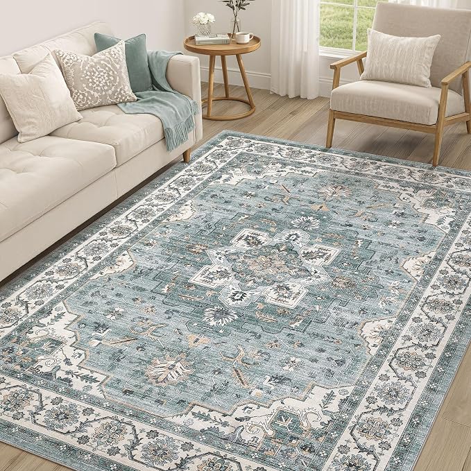 Vintage Living Room Area Rug 6x9 - Large Soft Washable Oriental Traditional Distressed Farmhouse Rugs for Bedroom - Indoor Floor Accent Carpet for Home Office House Decor - Denim Blue
