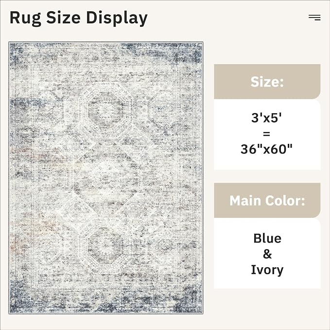 Soalmost 3x5 Rug, Small Area Rug for Kitchen, Entryway, Machine Washable Non-Slip Throw Rug, Vintage Carpet for Nursery Coffee Table Blue Ivory