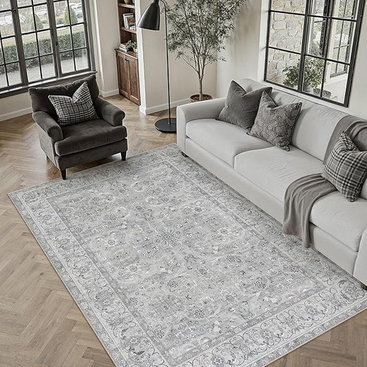 PureCozy Gray 6x9 Area Rug Washable Vintage Living Room Carpet Bedroom Large Indoor Non Slip Soft Low Pile Thin Stain Resistant Distressed Accent Throw Rug for Dining Office Nursery