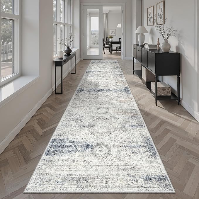 Soalmost Runner Rug 2x10 Washable Non-Slip Hallway Runner Rugs for Kitchen Bathroom Laundry Room Blue Ivory Vintage Floor Carpet Runners for Hallways Entryway