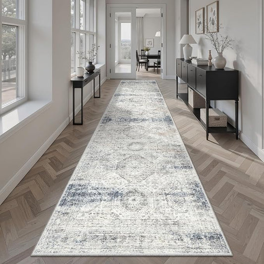 Soalmost Runner Rug 2x10 Washable Non-Slip Hallway Runner Rugs for Kitchen Bathroom Laundry Room Blue Ivory Vintage Floor Carpet Runners for Hallways Entryway