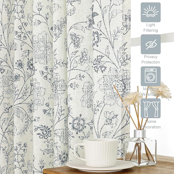 Vision Home Pinch Pleated Linen Light Filtering Curtains Blue Leaf Floral Print Window Drapes with Microfiber Liner & Back Tab Hooks for Living Room Bedroom, Farmhouse Cottagecore 40x90 Inch Set of 2