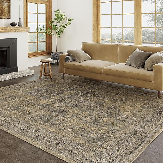 PureCozy 6x9 Brown Black Area Rug for Living Room Washable Vintage Distressed Carpet Large Bedroom Low Pile Non Slip Indoor Soft Retro Throw Accent Rug Office Kitchen Bathroom Dining Room