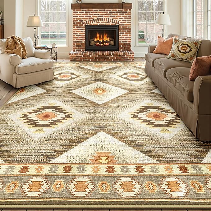 BESTSWEETIE Area Rug 9x12 Machine Washable Non-Slip Low Pile Print Pattern Western Rug for Living Room Bedroom Entryway Tribal Series - Cream/Camel