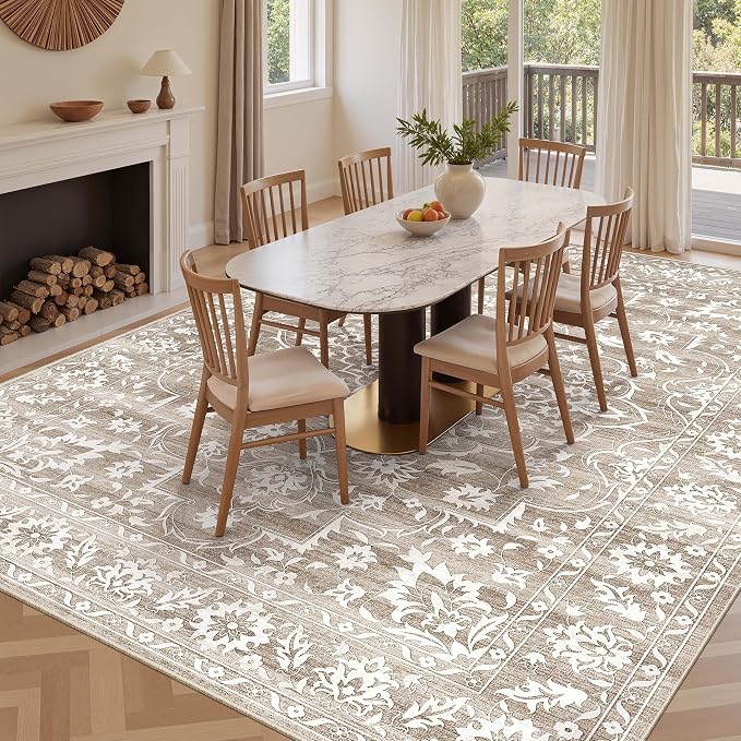Soalmost Living Room 10x14 Area Rugs, Washable Soft Rug Light Brown | Low Pile Non-Slip Stain Resistant Extra Large Thin Rug, Vintage Throw Carpet for Dining Room Bedroom Farmhouse Home Office