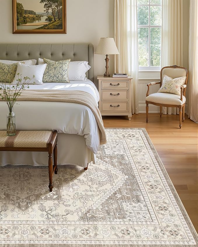 5x7 Vintage Area Rug: Washable Neutral Soft Non Slip Thin Large Floor Carpet for Living Room Bedroom Kitchen Dining Room Home Office Farmhouse Indoor - Brown