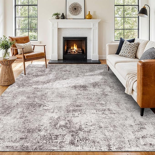 10x12 Area Rug for Living Room - Washable Modern Abstract Soft Thin Large Rugs Indoor Non Shedding Floor Non Slip Carpet for Nursery Bedroom Under Dining Table Home Office Decor - (Gray Cream,10x12)