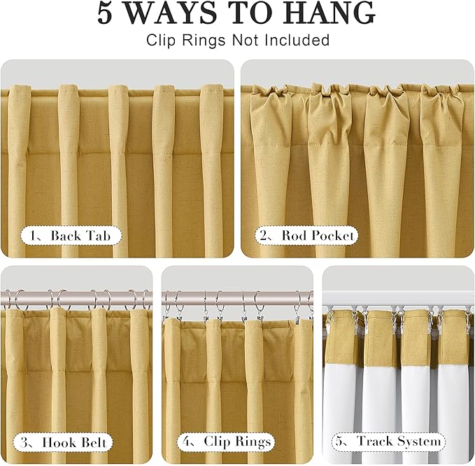 Joywell 100% Blackout Linen Curtains 84 Inch Long for Bedroom Rod Pocket Back Tab Hook Belt Black Out Curtain Thermal Insulated Drapes for Living Room Window 2 Panels,52 x 84,Gold Yellow