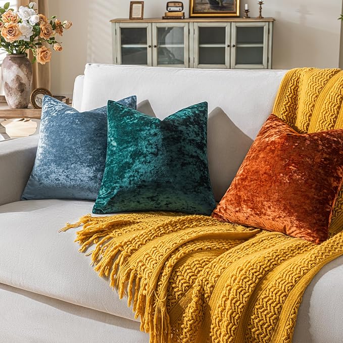 Set of 2 Blue Gray Decorative Velvet Throw Pillow Covers 24x24 Inches, Soft Neutral Accent Pillow Cases with Vintage Textured Farmhouse Couch Cushion Covers for Luxurious Home Decor