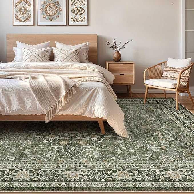 7x10 Area Rug Living Room: Washable Boho Large Neutral Vintage Soft Rugs Stain Resistant Farmhouse Non Slip Indoor Floor Carpet for Bedroom Nursery Kids Playroom Office Dining Room Home- Dark Green
