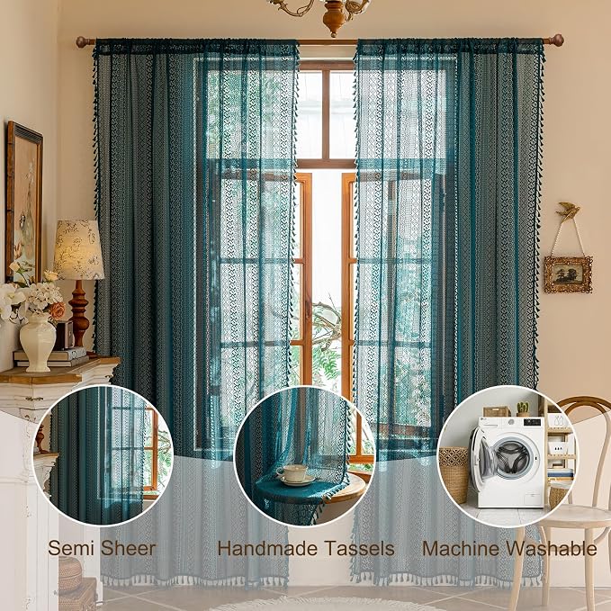 Sutuo Home Teal Boho Lace Curtains 72 inches long for Nursery Bedroom, Sheer Curtains Privacy Crochet Light Filtering Vintage Tassels Bohemian Strips Window Treatments Decor Rod Pocket, 2 Panels 50" W