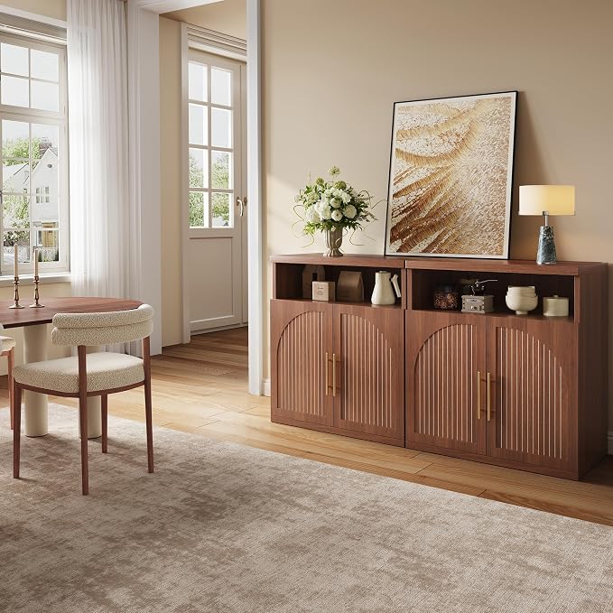 Fluted Buffet Cabinet with Storage, 31.5" Wide Wood Sideboard Credenza with Open Storage Shelf & Adjustable Shelves, Modern Kitchen Entryway Accent Table for Dining Room Living Room Hallway, Walnut