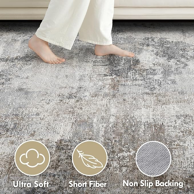 Tortania Washable 5x7 Area Rug for Living Room: Modern Abstract Neutral Large Soft Thin Rugs - Non Slip Indoor Carpet for Bedroom Dining Room Office Nursery Home Floor Decoration - Ash Taupe