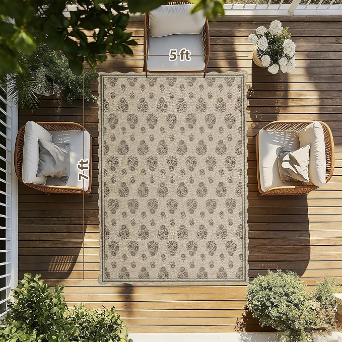 ORTIGIA Scalloped Easy Jute 5x7 Area Rug Vintage Brown Floral Accent Farmhouse Washable Rug Non-Slip Indoor Outdoor Carpet for Living Room Bedroom Patio Entryway