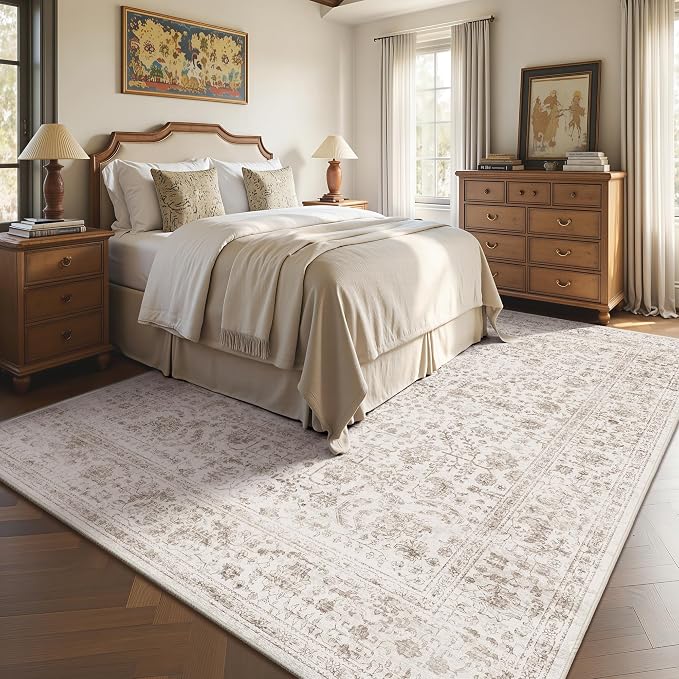 6x9 Area Rugs, Washable Vintage Retro Floral Rug for Living Room, Low Pile Non Slip Distressed Large Carpet for Bedroom, Dining Room, Office, Home (Light Brown)