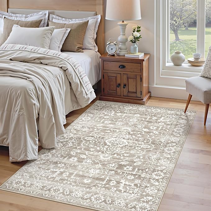 Soalmost 3x5 Area Rugs for Entryway, Washable Neutral Soft Rug Light Brown | Vintage Floral Low Pile Non-Slip Throw Area Rugs, Accent Rug Floral Indoor Mat for Bedside Living Room Kitchen Bedroom 3'x5'
