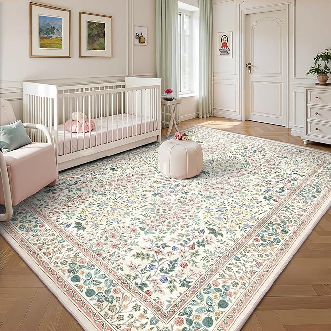 5x7 Area Rugs, Vintage Washable Rug for Bedroom, Indoor Non-Slip Rugs for Living Room, Dining Room, Low Pile Home Decor Floral Rug(Pink Floral)