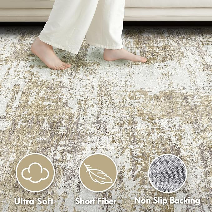 Tortania Area Rug Living Room Rugs - 5x7 Modern Abstract Neutral Large Soft Thin Rugs - Non Slip Indoor Carpet for Bedroom Dining Room Office Nursery Home Floor Decoration - Golden Brown