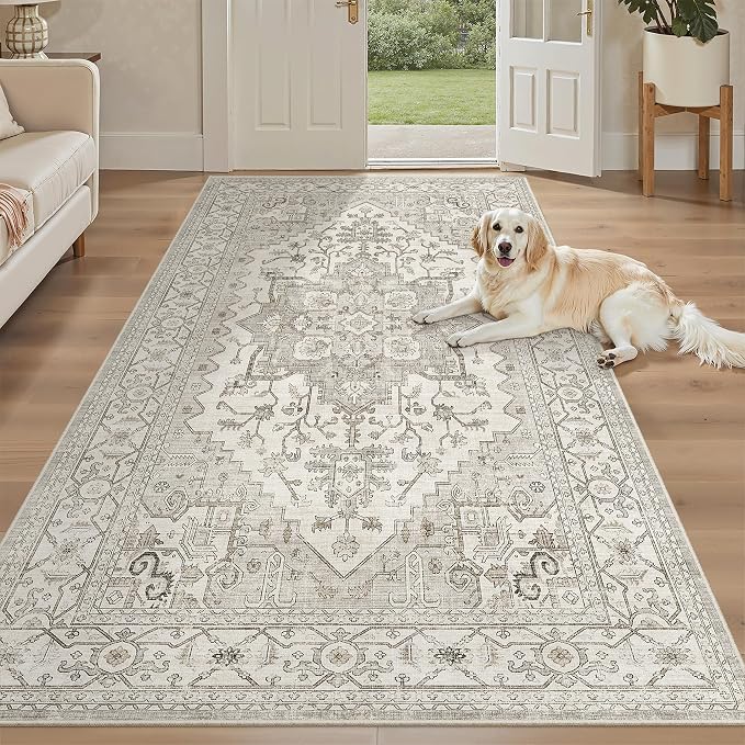 Madane 4x8 Wide Hallway Runner Rug Washable for Living Room, Beige/Brown | Soft Stain Resistant Ktichen Runners 8ft, Vintage Non Slip Low Pile Area Rugs, Thin Floor Carpet for Bathroom Dining Bedroom