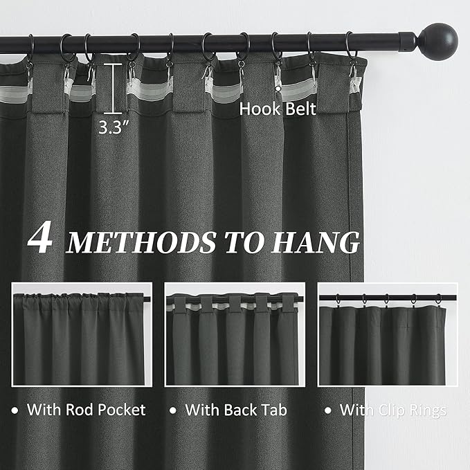KEQIAOSUOCAI Full Blackout Curtains Dark Grey 102 Inches Long 2 Panels Set, Extra Long Back Tab Rod Pocket Linen Curtains, Floor to Ceiling Curtains for Bedroom Dining Room,1 Pair, 50W x 102L