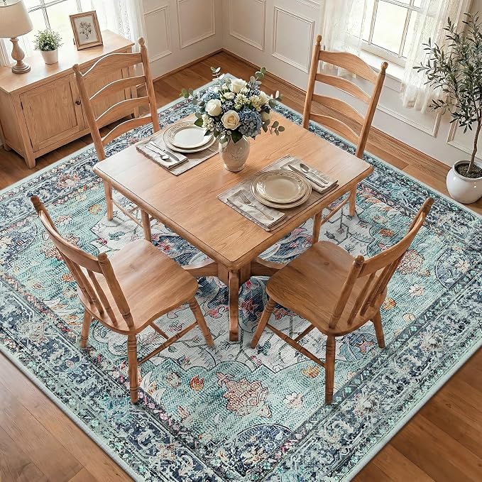 RELEANY Area Rugs Square 8ft Washable Non-Slip, Floral Vintage Distress Medallion Carpet for Living Room Bedroom Dining Room, Green Navy Blue White Red Teal