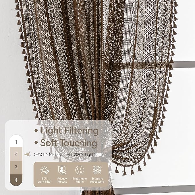 WAZZIO Boho Lace Curtains 84 Inches 2 Panel,Light Filtering Privacy Tassel & Geometry Crochet Semi Sheer Curtain Drapes for Bedroom Living Dining Room,Rod Pocket & Tassel,Chocolate Brown
