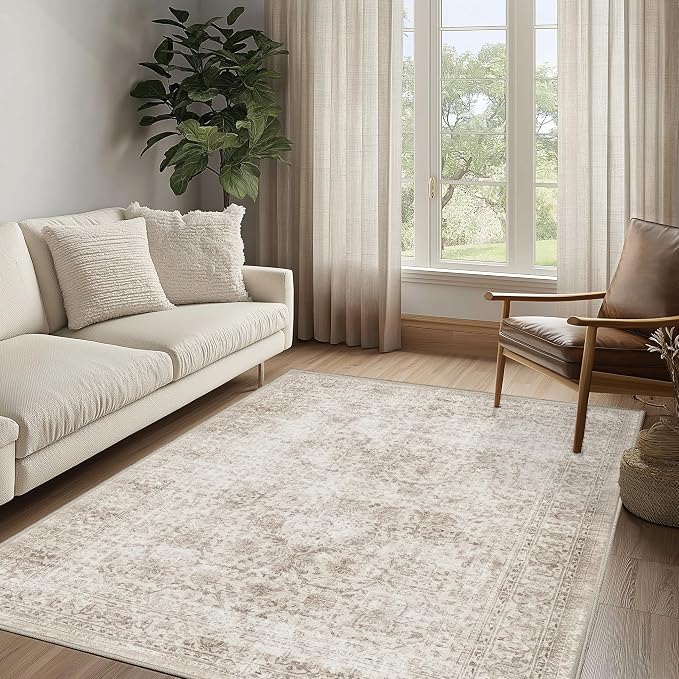 FMFUNCTEX 5x8 Washable Area Rug Beige Vintage Neutral Distressed Large Non Slip Carpet for Living Room Bedroom Soft Low Pile Indoor Mat Retro Floral Thin Rug for Dining Room Kitchen Office Nursery