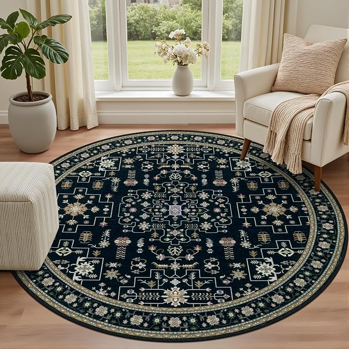 Round Area Rug for Living Room: 4 ft Washable Vintage Boho Soft Thin Circle Rug Indoor Floor No Slip Stain Resistant Carpet for Bedroom Dining Room Farmhouse Nursery Home Office - Black