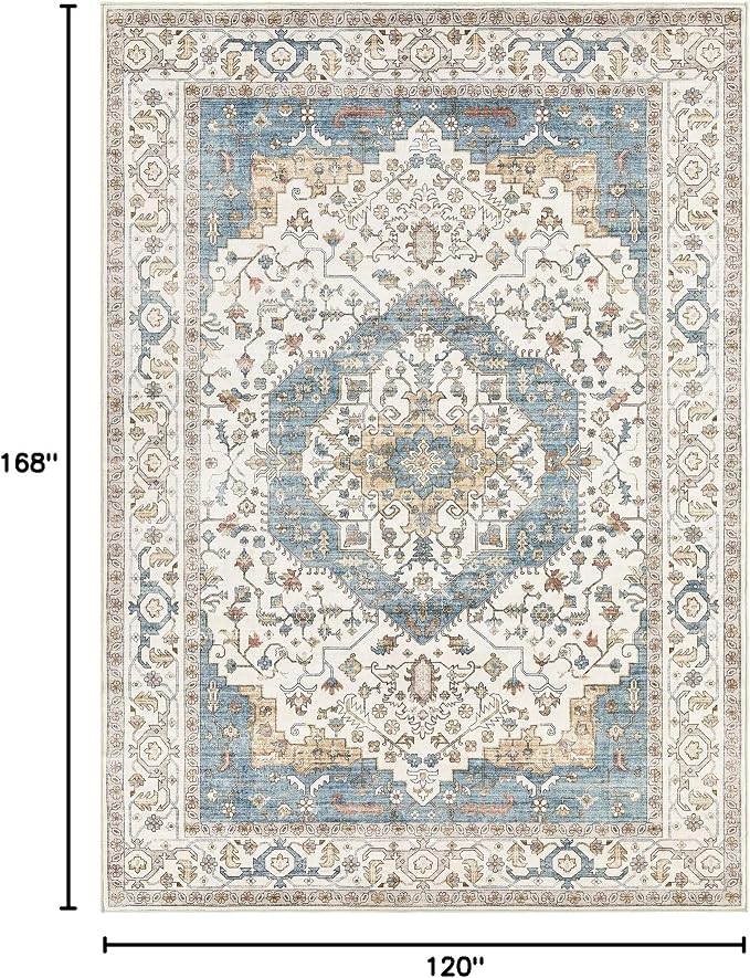 Area Rug for Living Room - 10x14 Soft Washable Oriental Vintage Floral Distressed Large Carpet - Fade Stain Resistant Non Slip Rugs for Bedroom Dining Room Nursery Dorm Office Home Decor - Blue/Beige