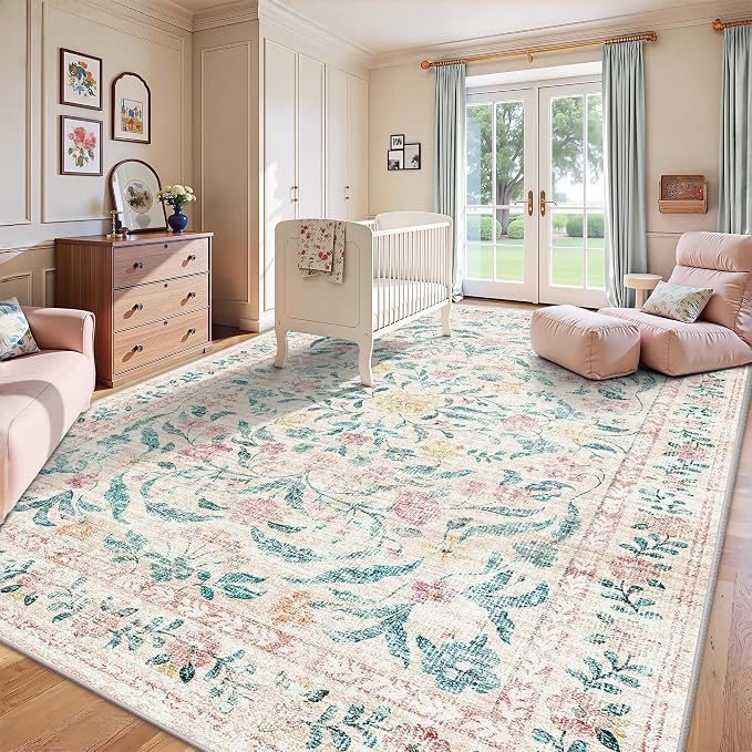 8x10 Area Rugs, Machine Washable Low Pile Floral Rugs for Living Room, Bedroom, Large Boho Area Rug with Non-Slip Backing for Dining Room(Pink Bloom)